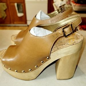Leather Clog Heel Mule Peep Toe Shoes